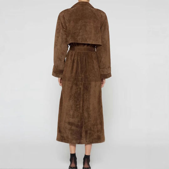 Damen Langer Veloursledermantel im minimalistischen Trench‑Look mit soften Revers Shop Nory