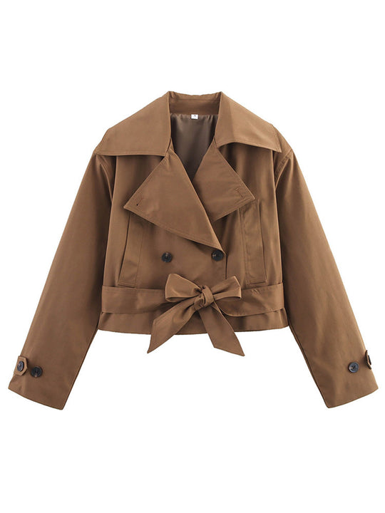 Damen Kurze Doppelreihige Trenchjacke mit Taillengürtel und weitem Revers Shop Nory