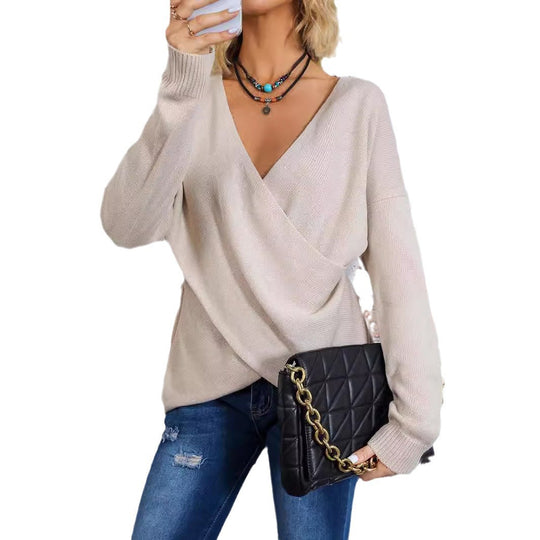 Damen Wickel-Strickpullover mit tiefem V-Ausschnitt und überschnittenen Ärmeln Shop Nory