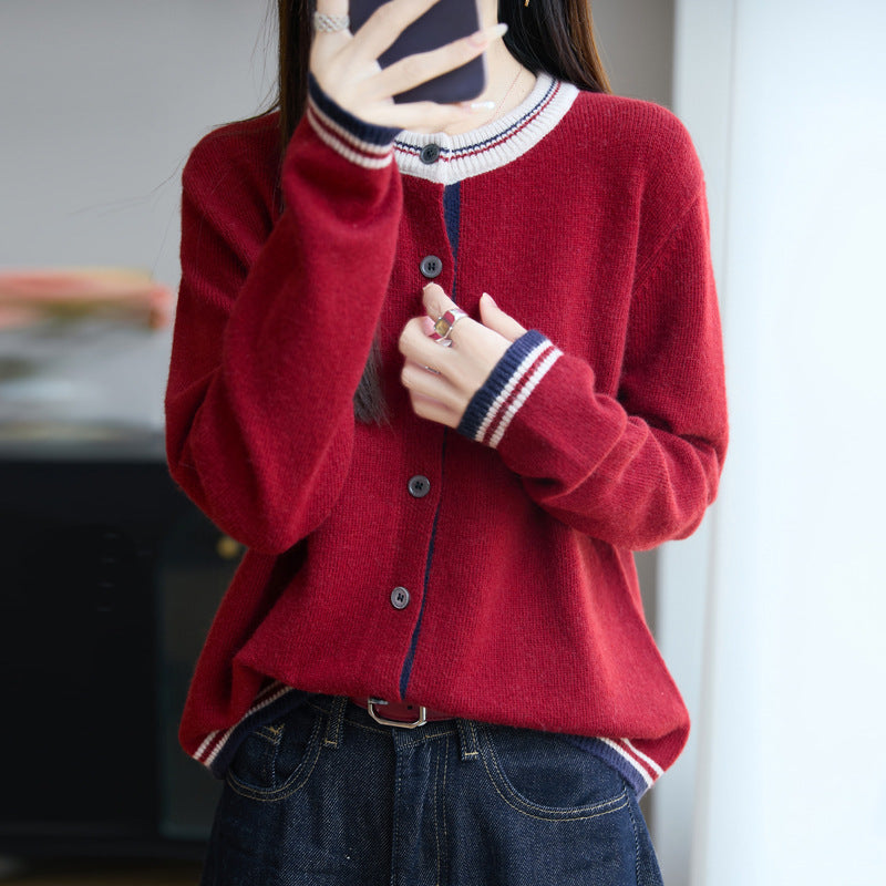 Damen Lockerer Feinstrick-Cardigan mit Kontraststreifen an Kragen und Bündchen Shop Nory