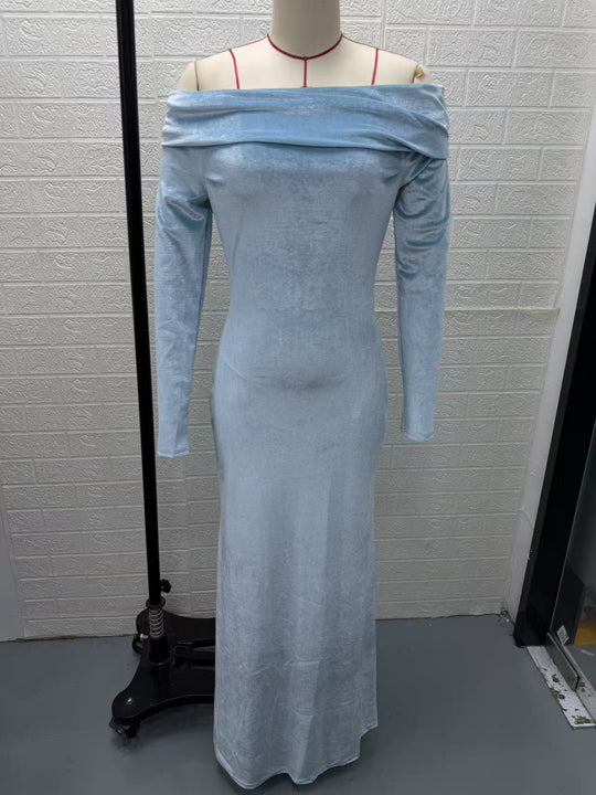 Damen Langes Samtabendkleid mit Carmenausschnitt und tiefem Rückenausschnitt Shop Nory
