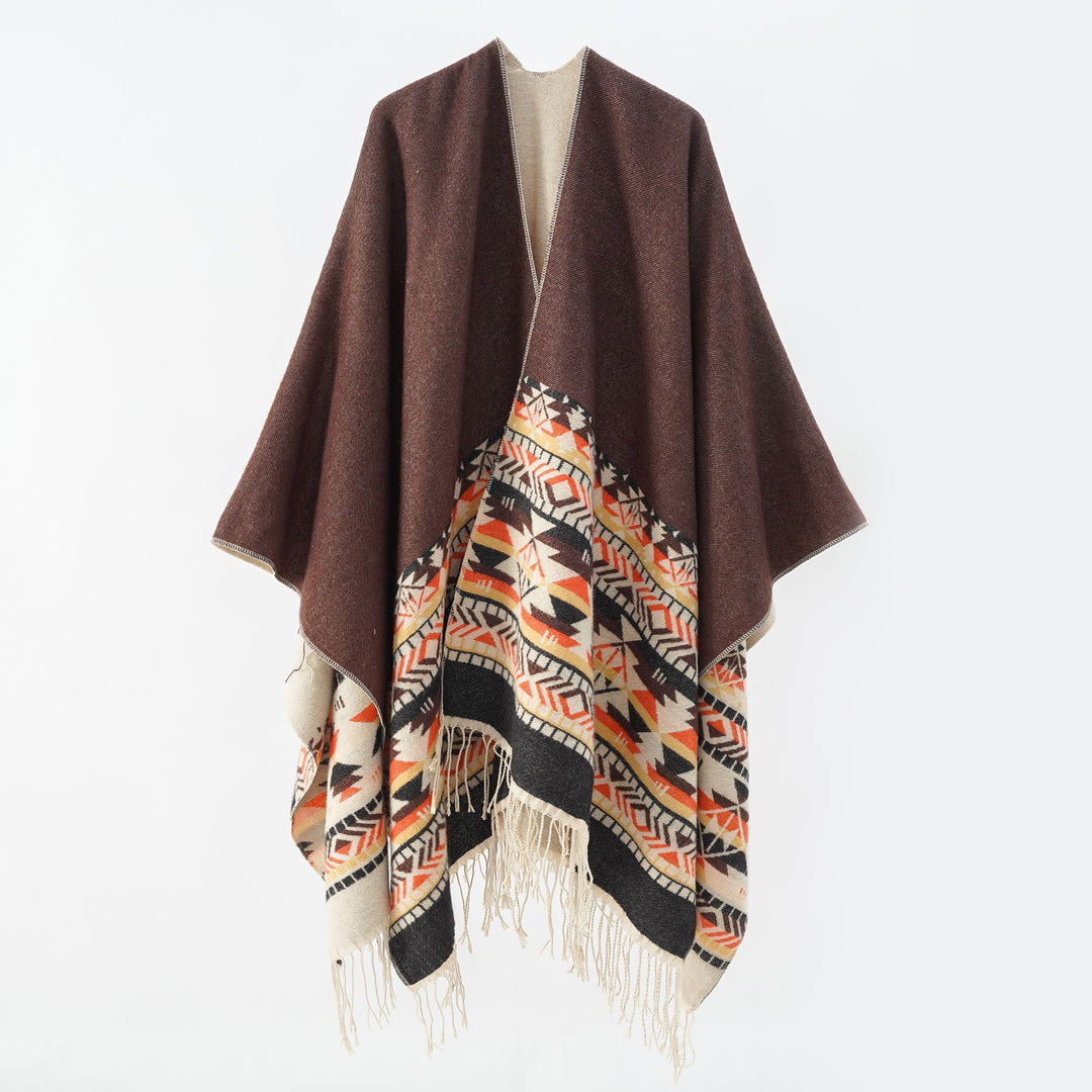 Damen Oversize-Wendepancho aus Wollmix mit Ethno-Jacquard und Fransensaum Shop Nory