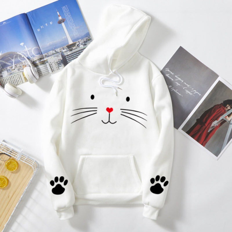 Damen nan Kapuzenpullover mit gedrucktem Katzenmotiv, Kängurutasche und Pfotenapplikationen Shop Nory