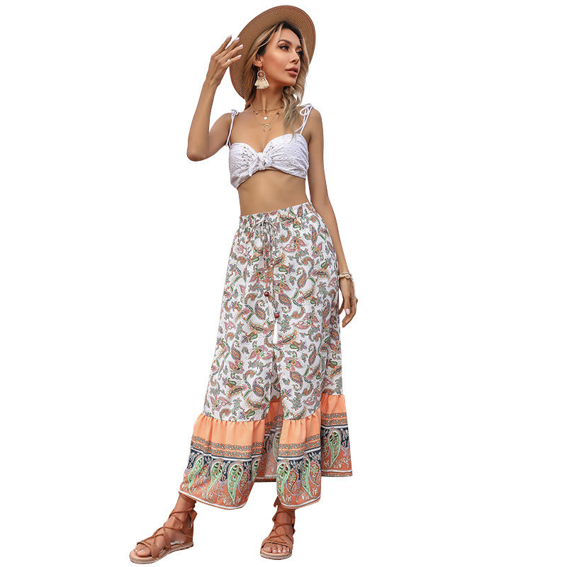 Damen Boho-Maxirock mit Paisley-Alloverprint, elastischem Taillenbund, Tunnelzug und Volantstufe Shop Nory