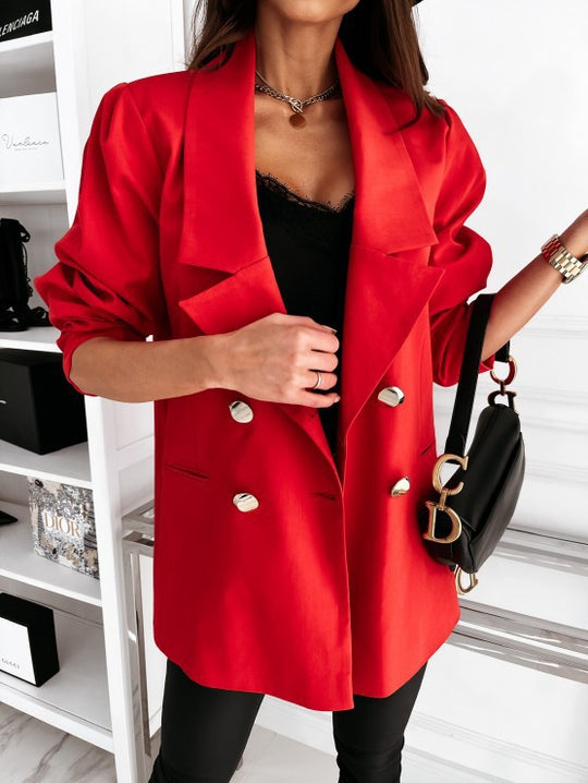 Damen Oversize-Blazer doppelreihig mit gerafften Ärmeln, Notch-Revers und goldfarbenen Zierknöpfen Shop Nory