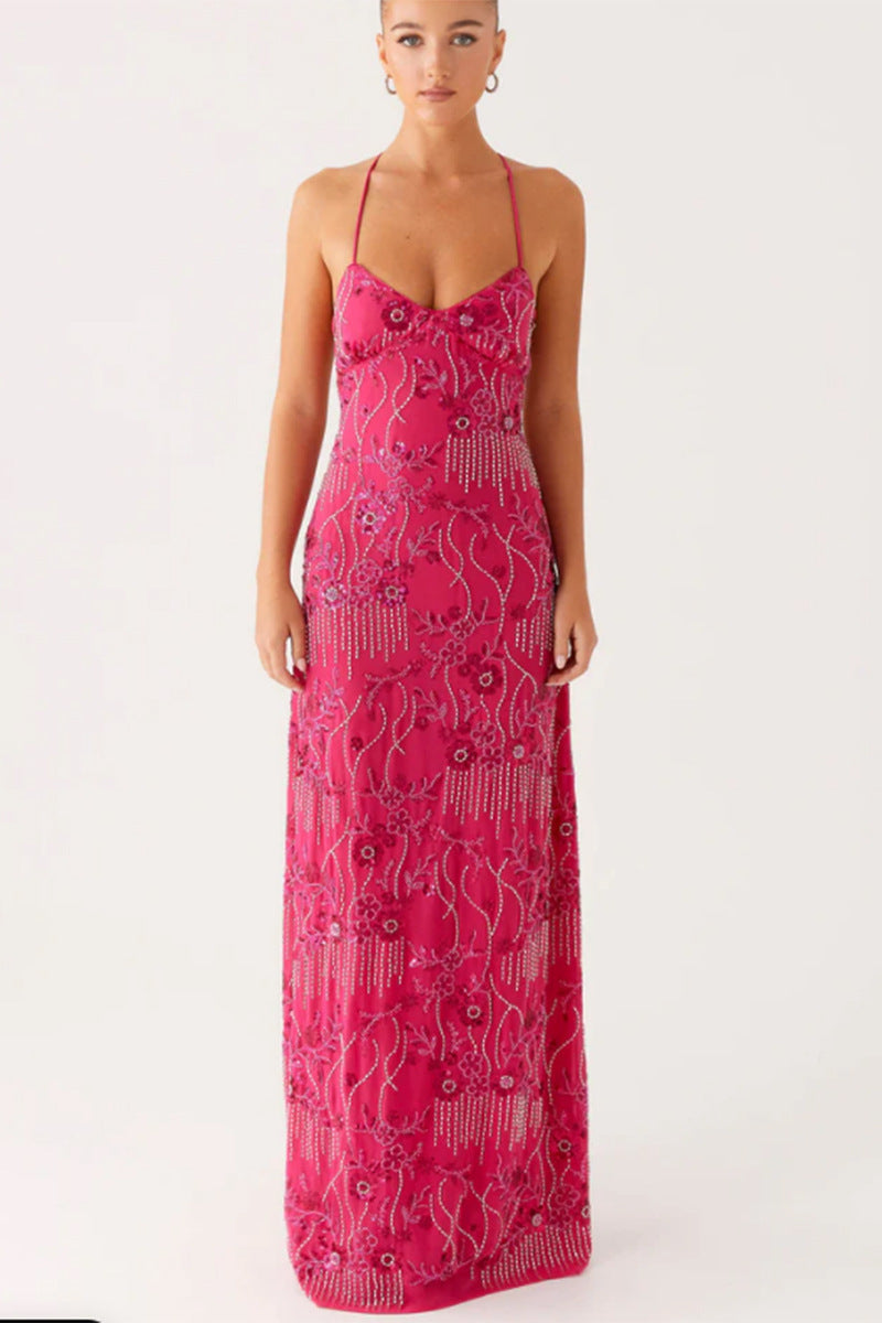 Damen Elegantes Maxikleid mit verführerischem V-Ausschnitt und funkelnden Applikationen Shopnory