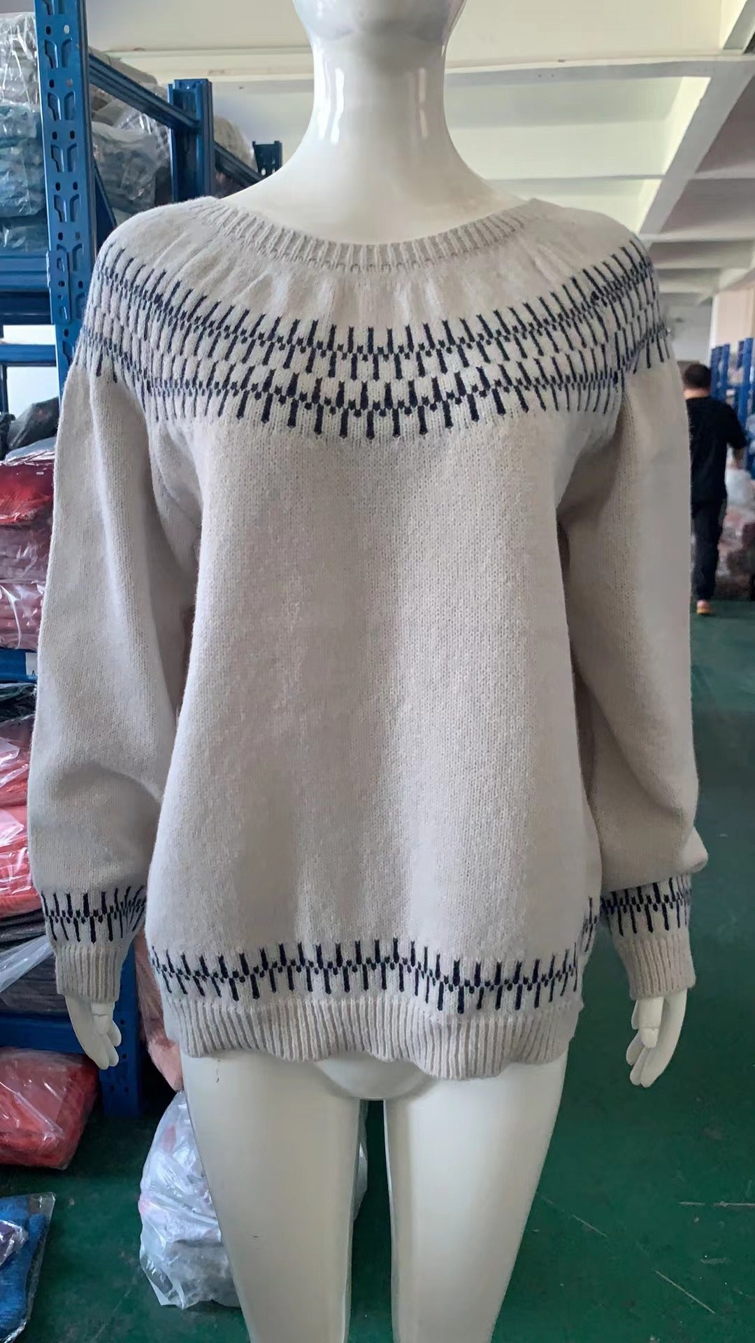 Damen nan gemusterter Norwegerstrickpullover mit weitem Rundhalsausschnitt und lässigem Oversize-Schnitt Shop Nory