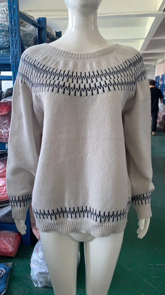 Damen nan gemusterter Norwegerstrickpullover mit weitem Rundhalsausschnitt und lässigem Oversize-Schnitt Shop Nory