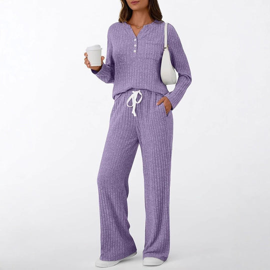 Damen Rippstrick-Lounge-Set mit Knopfleiste und weitem Kordelbund-Hose Shop Nory