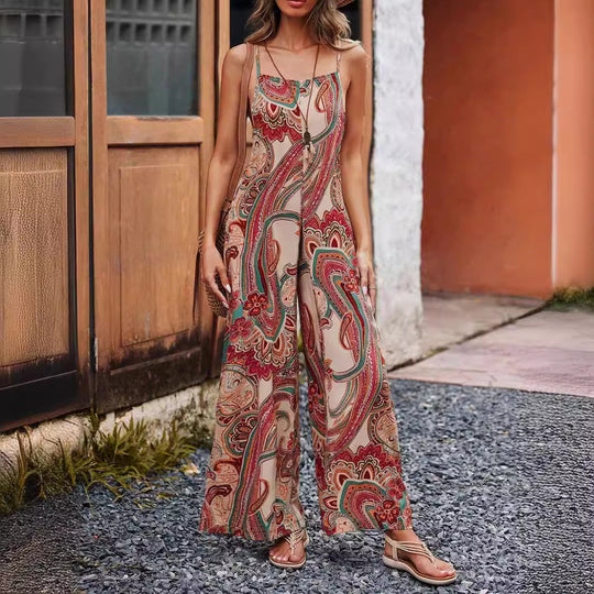 Damen Lässiger ärmelloser Jumpsuit mit weitem Bein, Spaghettiträgern und Paisley‑Print Shop Nory