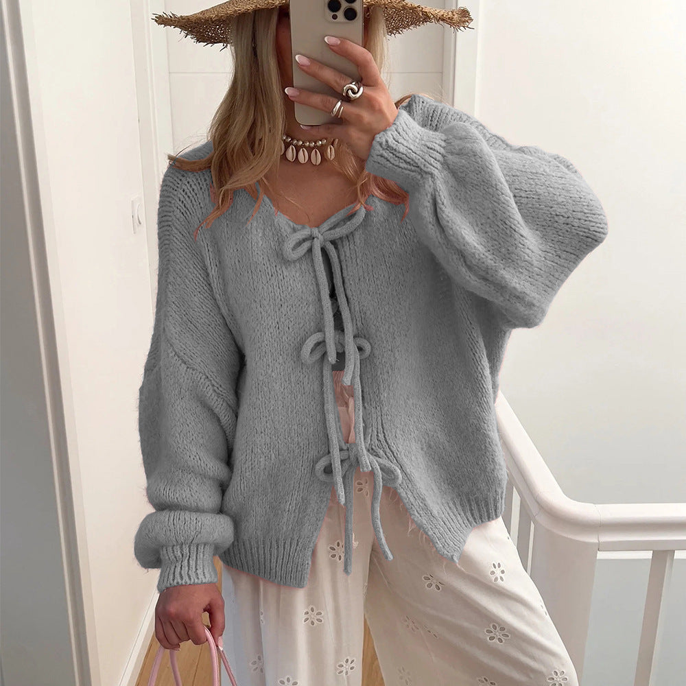 Damen Grobgestrickter Offener Cardigan mit Bindebändern, Oversize‑Silhouette und Raglanärmeln Shop Nory