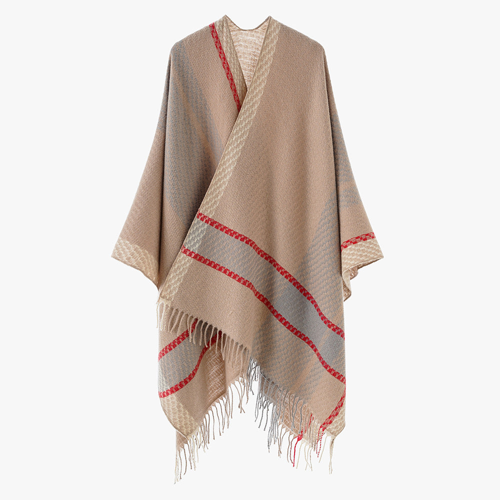 Damen Oversize Capeponcho aus Wollmix mit Karomuster und Fransensaum Shop Nory