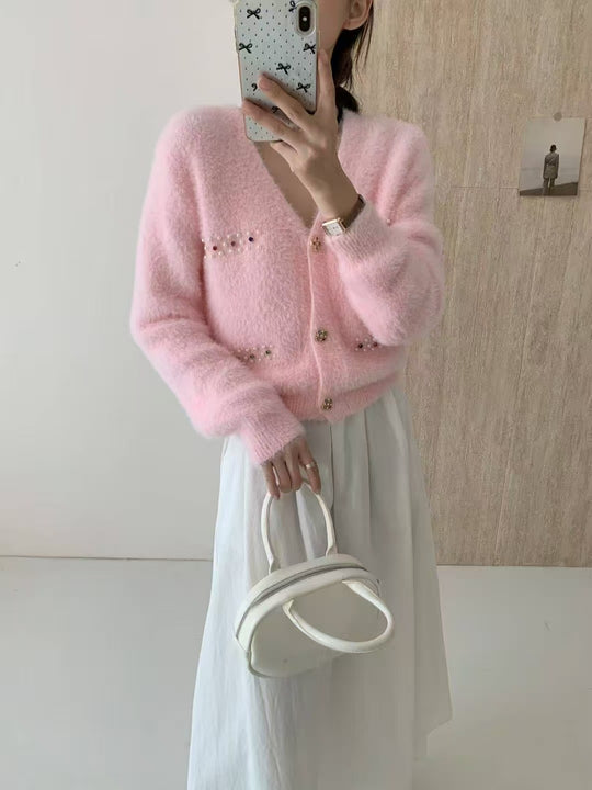 Damen Verspielter V-Ausschnitt Cardigan mit Perlen Shop Nory