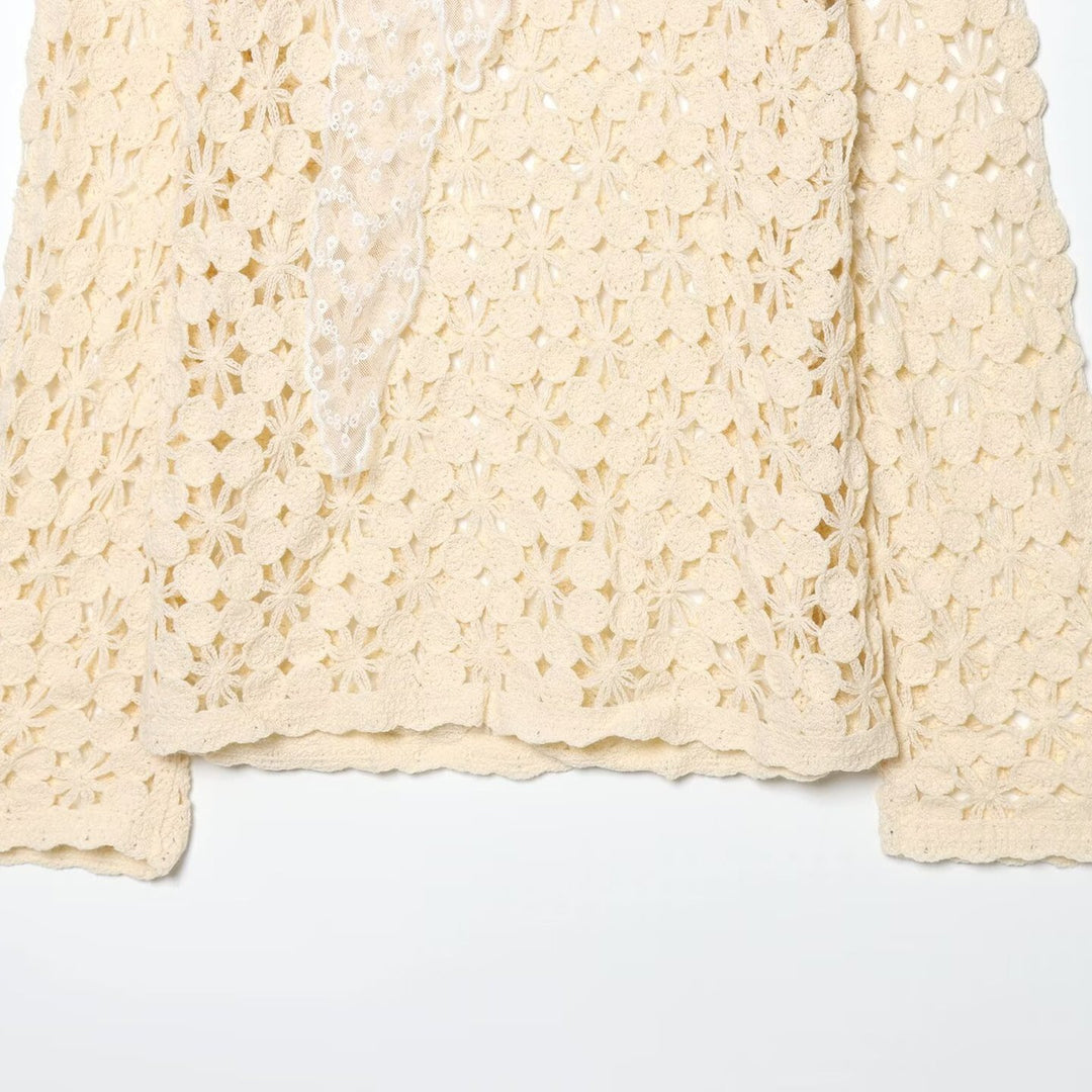 Damen gehäkelter Floralpullover mit Rundhalsausschnitt und Ajourmuster Shop Nory