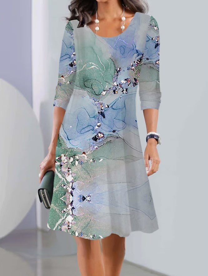 Damen A-Linien Kleid mit floralem Druck, U-Ausschnitt, Dreiviertelärmel und sanftem Ombre Shop Nory