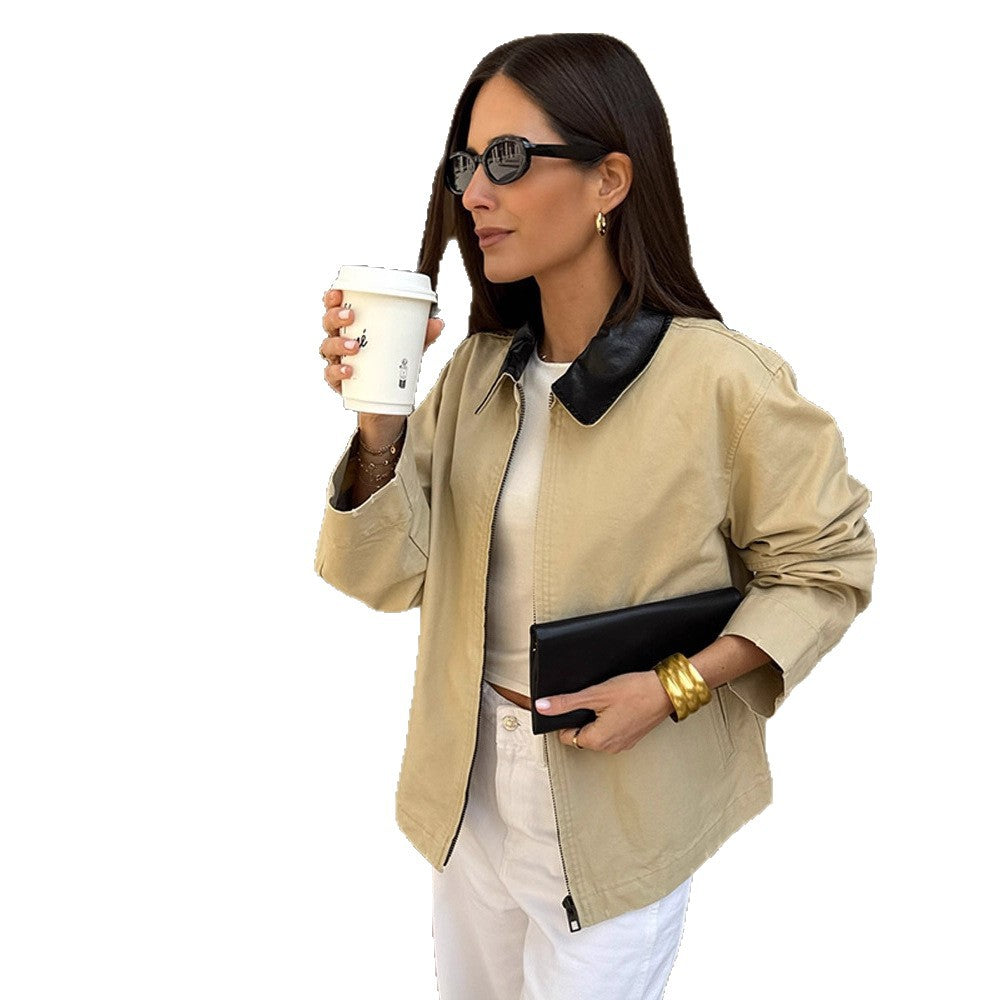Damen Boxy-Übergangsjacke mit kontrastierendem Kragen und verdecktem Reißverschluss Shop Nory
