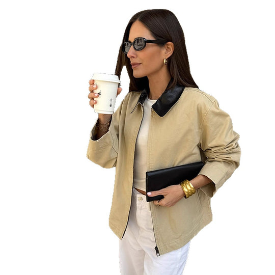 Damen Boxy-Übergangsjacke mit kontrastierendem Kragen und verdecktem Reißverschluss Shop Nory