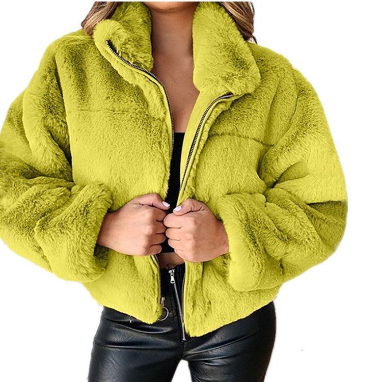 Damen nan kurze kuschelige Kunstpelzjacke mit Stehkragen und Reißverschluss Shop Nory