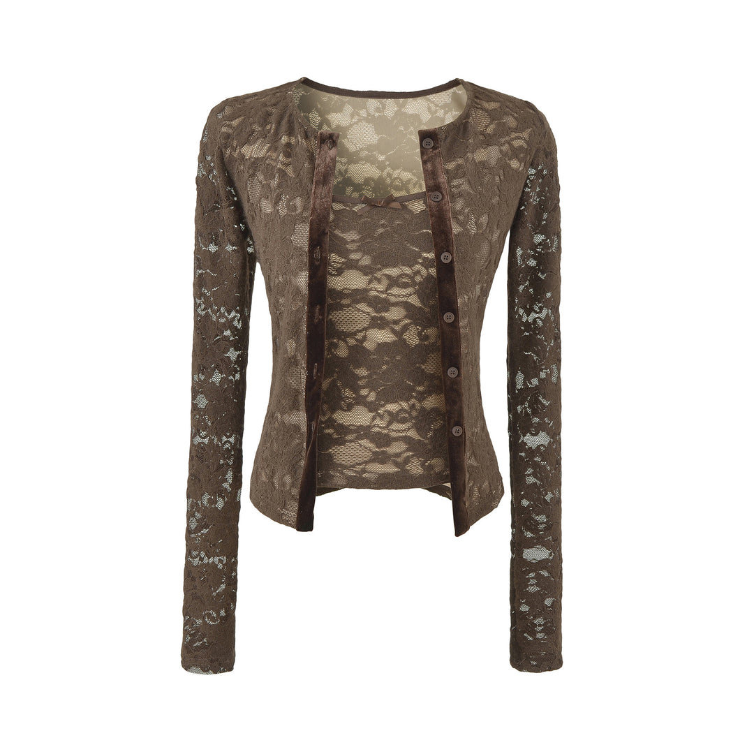 Damen Feiner Spitzen-Cardigan mit passendem Untertop und Samtbesatz Shop Nory
