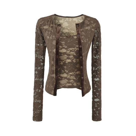 Damen Feiner Spitzen-Cardigan mit passendem Untertop und Samtbesatz Shop Nory