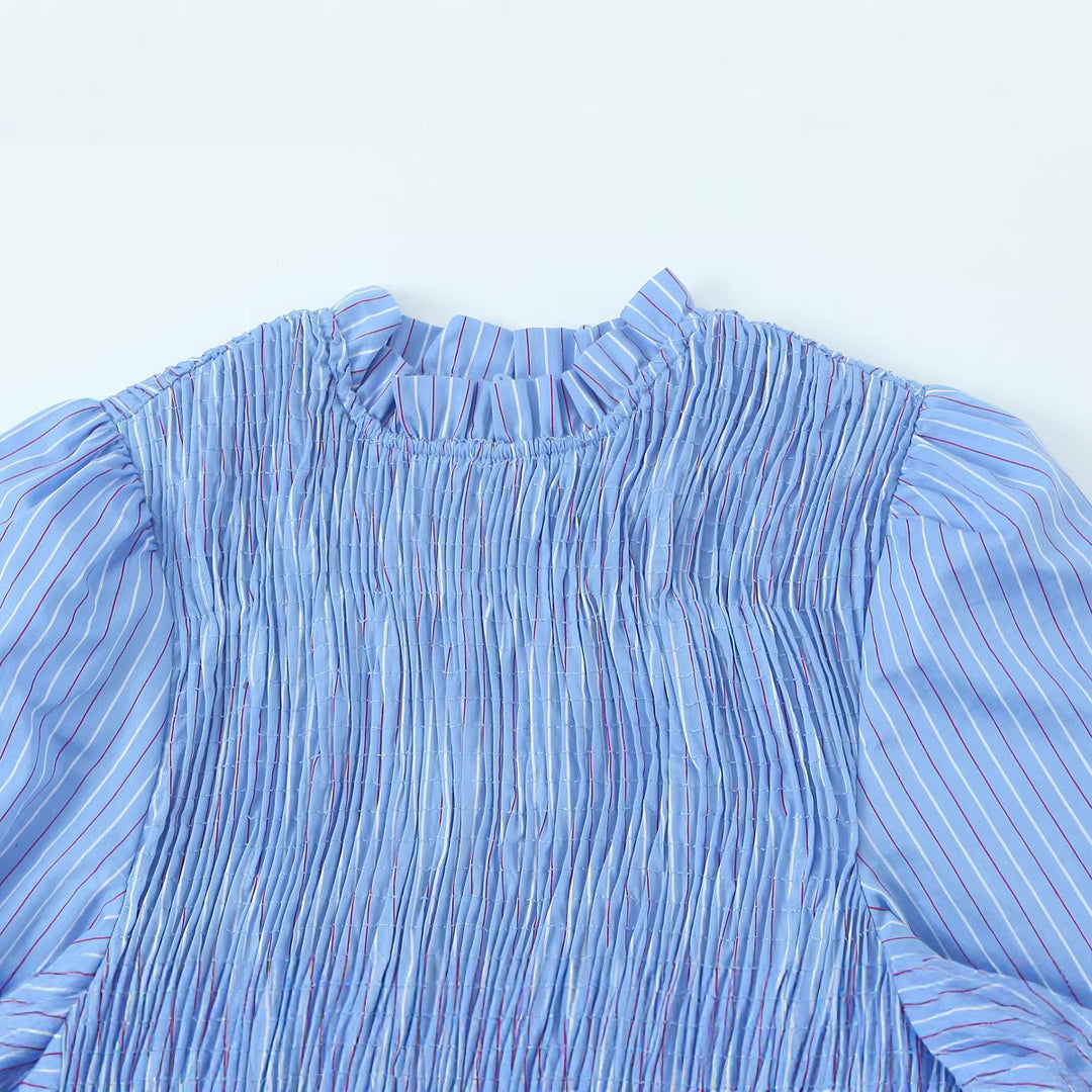 Damen Langärmlige Smockbluse mit Stehkragen und Volantsaum Shop Nory