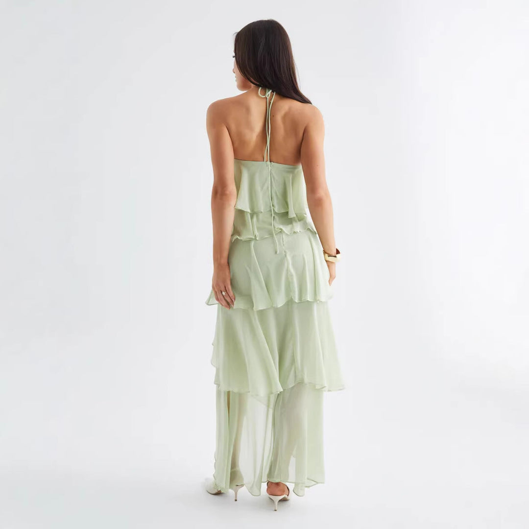 Damen Luftiges Chiffon-Maxikleid mit Rüschendetails und elegantem Halterneck