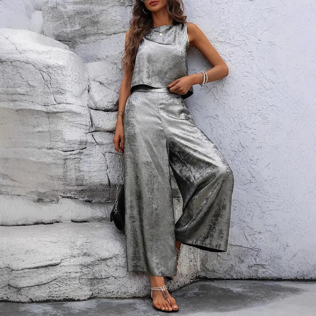 Damen Glänzendes Set aus ärmellosem Oberteil und weitem Hosen Shopnory