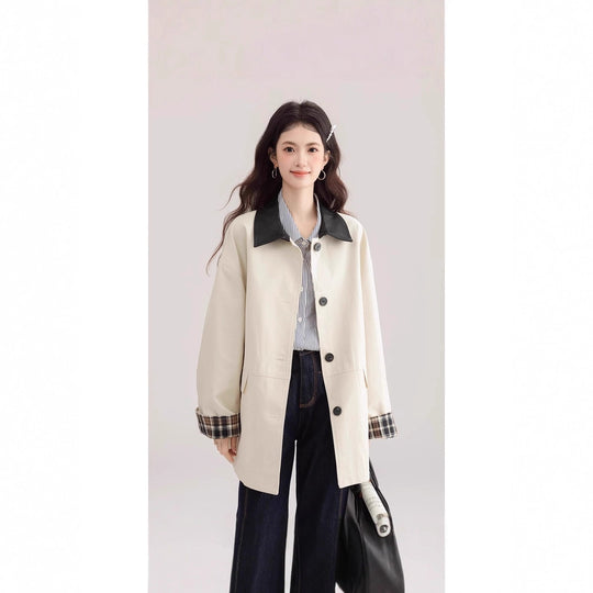 Damen Oversized Trenchcoat mit Kontrastkragen und Karo-Futter Shop Nory