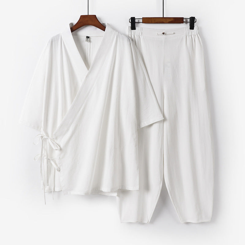 Unisex Leichtes Wickel-Lounge-Set im Kimono-Stil mit seitlichen Bindebändern und elastischer konisch zulaufender Hose Shop Nory