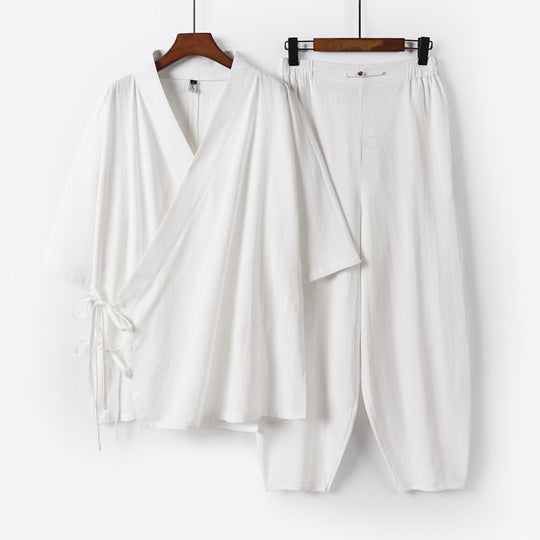 Unisex Leichtes Wickel-Lounge-Set im Kimono-Stil mit seitlichen Bindebändern und elastischer konisch zulaufender Hose Shop Nory