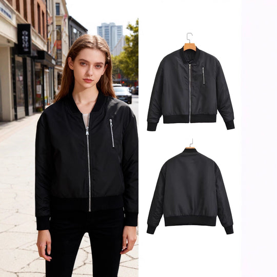 Damen Kurz geschnittene Nylon-Bomberjacke mit glänzender Oberfläche, wattiertem Futter und Metallreißverschluss Shop Nory