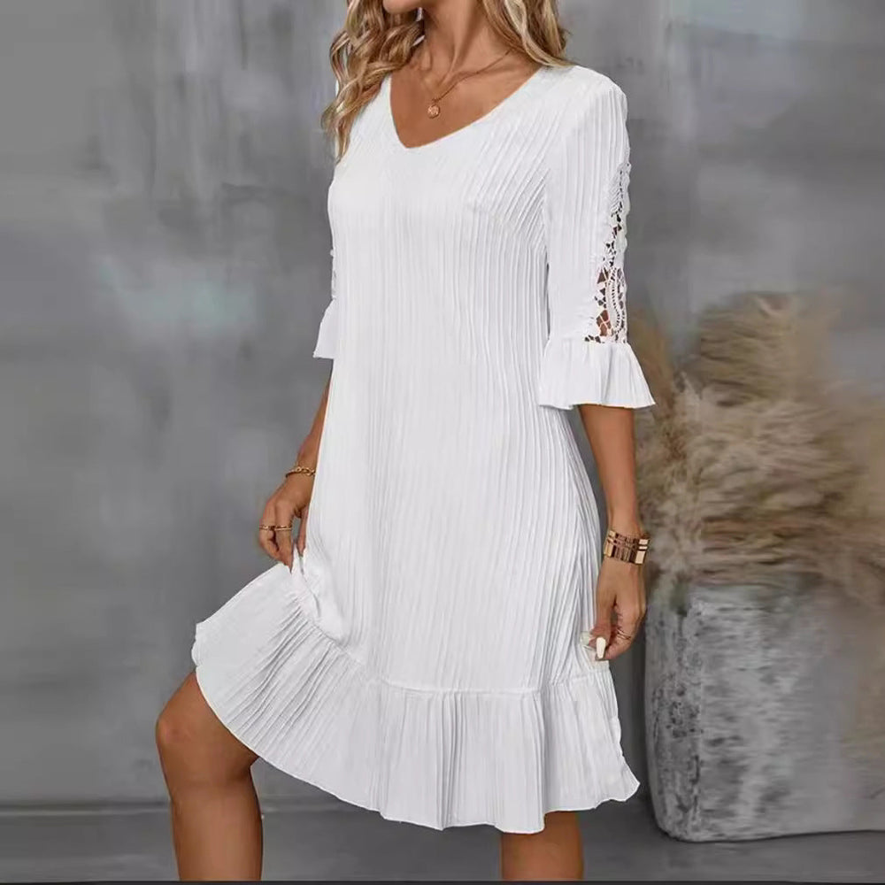 Damen Kurzarm Kleid mit voluminösem Saum und Spitzenärmeln