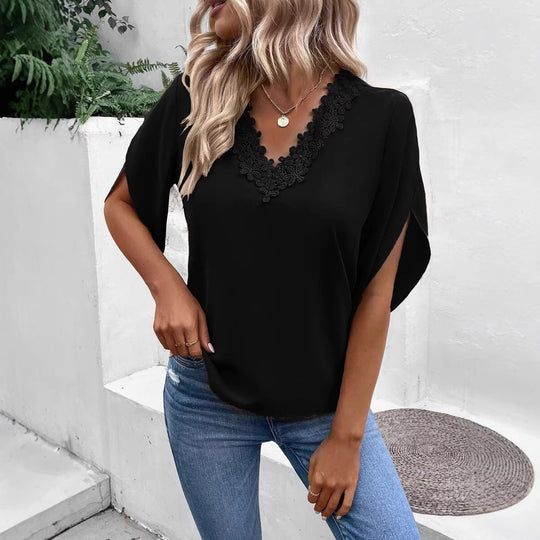 Damen Elegante V-Ausschnitt Bluse mit floraler Spitzenkante und Fledermausärmeln Shop Nory