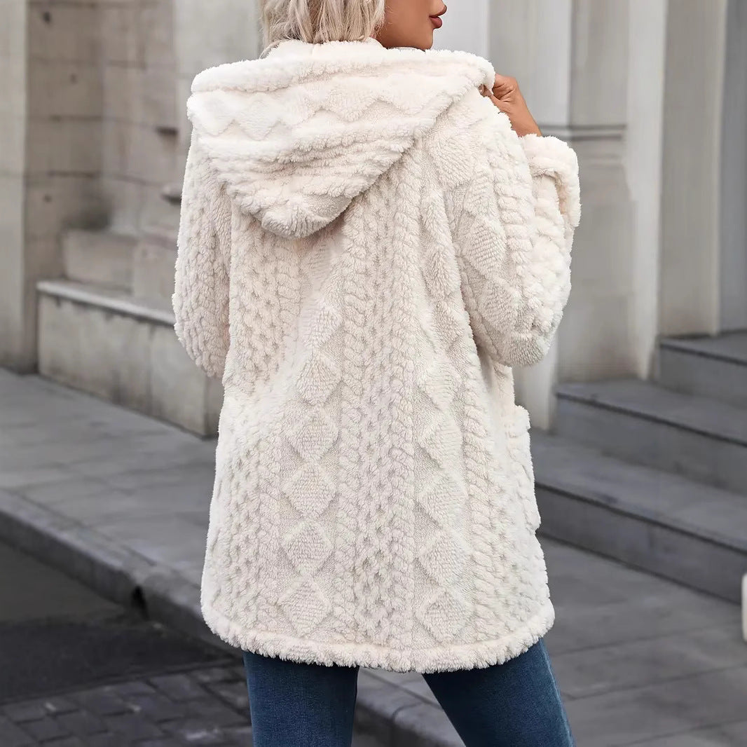 Damen angenehme und weiche Plüschjacke mit Kapuze und Taschen