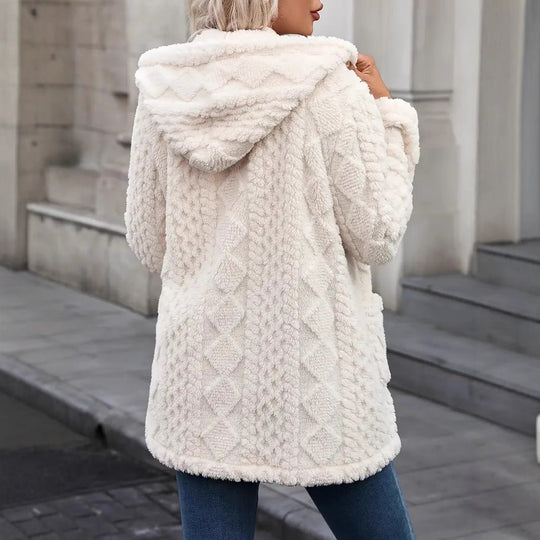 Damen angenehme und weiche Plüschjacke mit Kapuze und Taschen