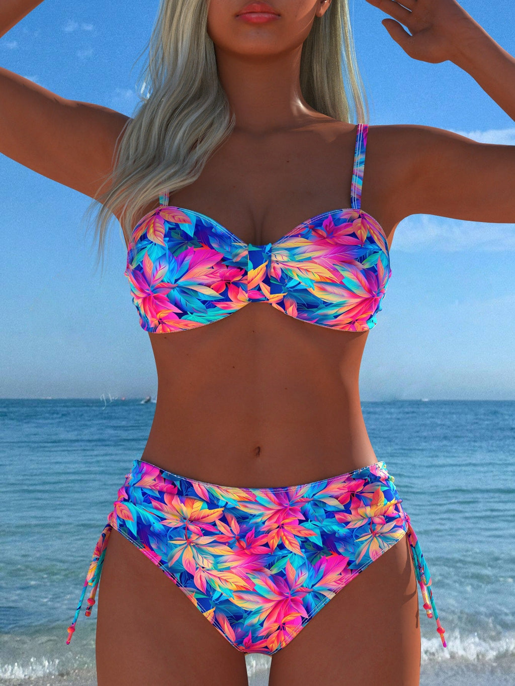 Damen Bikini-Set mit stilvollem Karomuster und goldfarbenen Akzenten