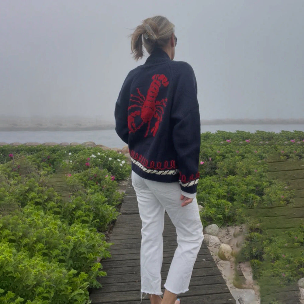 Damen Oversize Strickcardigan mit Walmotiv und nautischer Kontrastbordüre Shop Nory