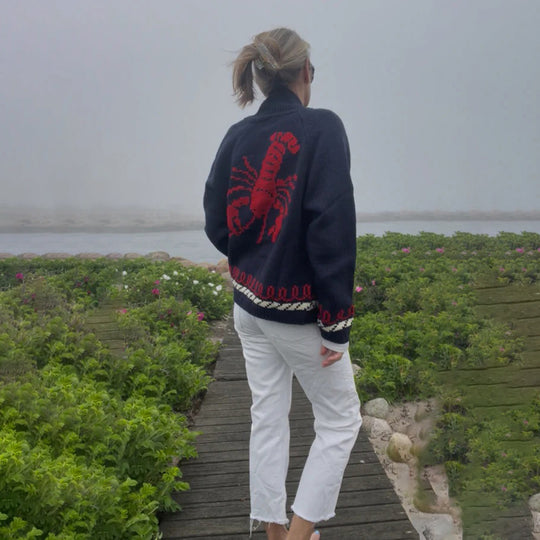 Damen Oversize Strickcardigan mit Walmotiv und nautischer Kontrastbordüre Shop Nory