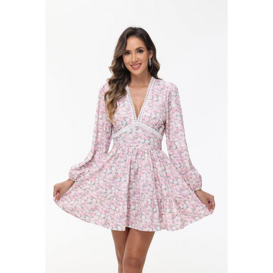 Damen Boho-florales Minikleid mit V-Ausschnitt und Puffärmeln Shop Nory