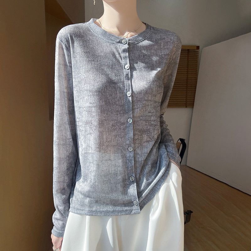 Damen Leichter Aquarell‑Print Feinstrick‑Cardigan mit Rundhalsausschnitt und Knopfleiste Shop Nory