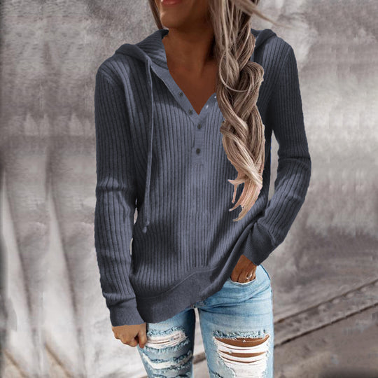 Damen Lässiger gerippter Hoodie-Pullover mit Henley-Knopfleiste und Tunnelzug Shop Nory