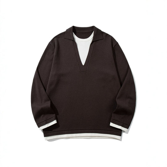Unisex Lässiger Oversize Strickpullover mit tiefem V Einsatz und Hemd‑Layer Optik Shop Nory