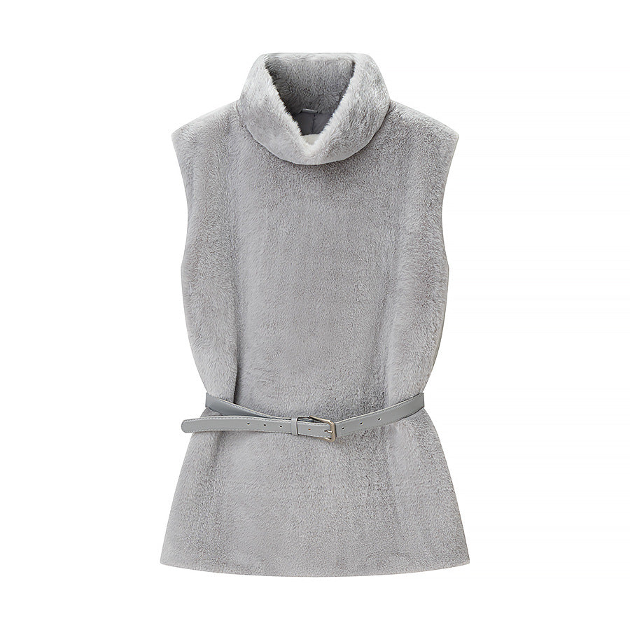 Damen Ärmellose Kunstfell-Weste mit Rollkragen und Taillengürtel Shop Nory