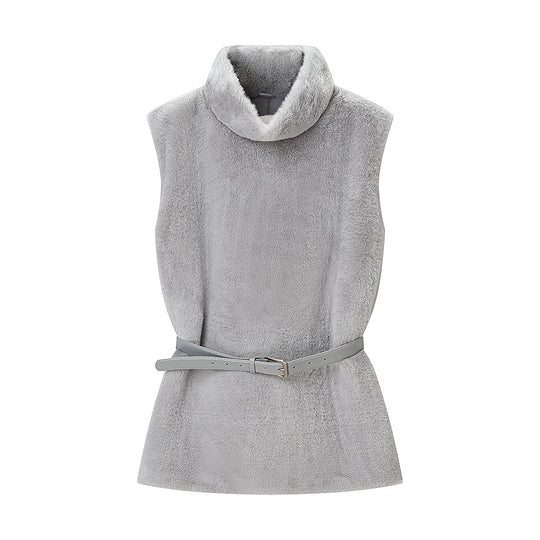 Damen Ärmellose Kunstfell-Weste mit Rollkragen und Taillengürtel Shop Nory