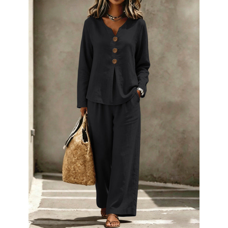 Damen Zweiteiliges Leinenoptik Lounge-Set mit V-Ausschnitt, Knopfbluse und weiten Palazzo-Hosen Shop Nory
