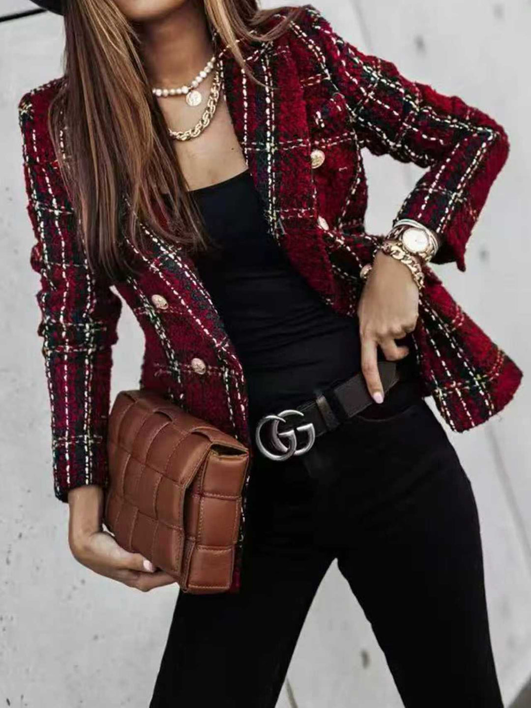 Damen Bouclé-Tweed-Blazer mit Karomuster und doppelreihiger Knopfleiste Shop Nory