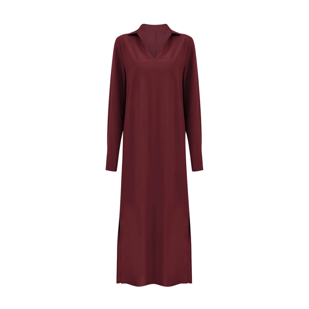 Damen Kragenblusenkleid mit V-Ausschnitt, Eingrifftaschen und seitlichen Schlitzen Shop Nory