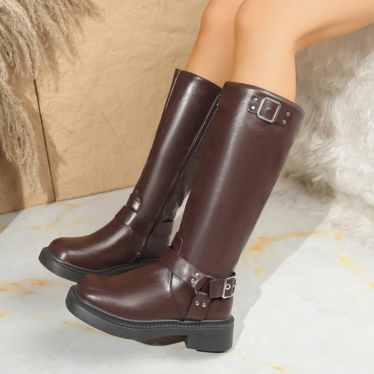 Damen Kniehohe Bikerstiefel mit seitlichem Reißverschluss und Dekorschnallen Shop Nory