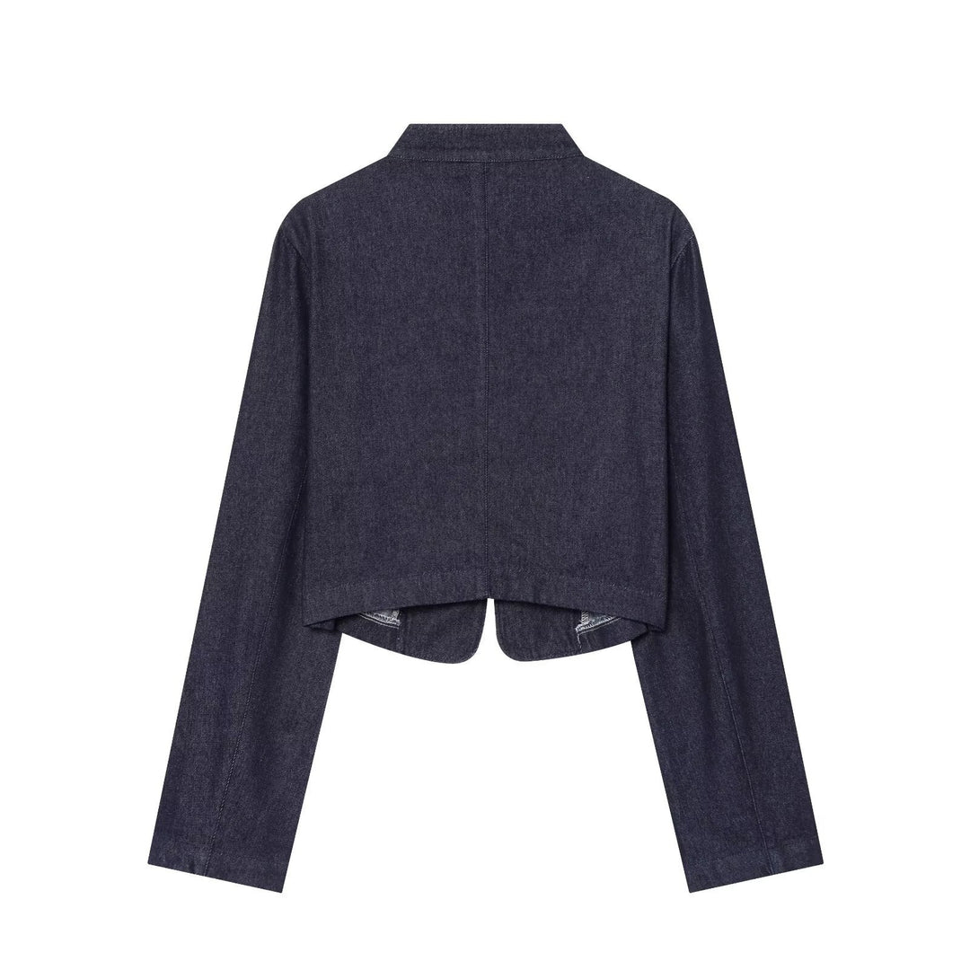 Damen Cropped Denim Militärjacke mit Stehkragen und dekorativer Zierknopfleiste Shop Nory