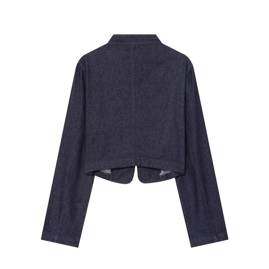 Damen Cropped Denim Militärjacke mit Stehkragen und dekorativer Zierknopfleiste Shop Nory
